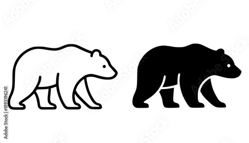 Simple bear icon, black and white in outline and silhouette style