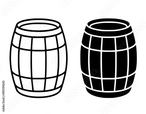 Barrel illustration icon, black and white in outline and silhouette style