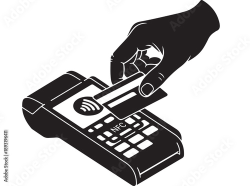 Hand holding credit card making a contactless payment at a POS terminal.