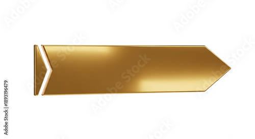 Shiny golden arrow shape banner with blank space for text, isolated on white background, 3D render