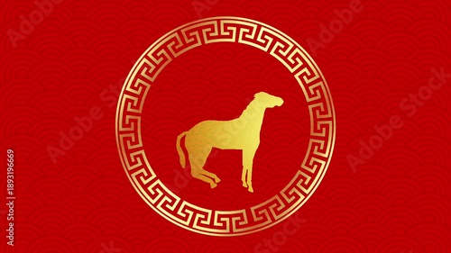 Elegant gold horse silhouette rearing inside a decorative Asian frame over red patterned background. Seamless loop animation representing Chinese zodiac, prosperity and Lunar New Year celebration.