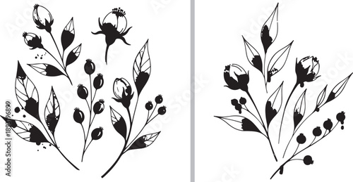 Artistic botanical sketches featuring delicate rosebuds, berries, and leafy stems in black and white ink and minimalist green line art. Perfect for elegant nature-themed designs.