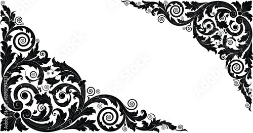 Elegant floral ornamental corner frame design, vintage baroque swirl decoration, decorative victorian border element, intricate flourish artwork for invitations and classic layouts