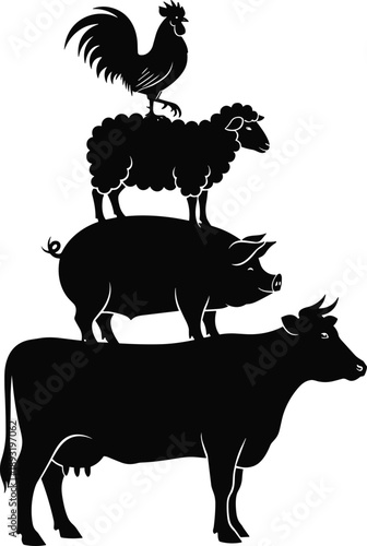 Farm animal silhouette stack with cow, pig, sheep and rooster, creative agriculture illustration, livestock tower concept for design projects