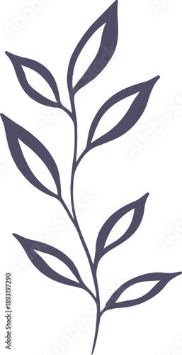 A minimalist botanical vector featuring a single, elegant branch with slender leaves. Rendered in a deep plum purple tone with a smooth, hand-drawn aesthetic.