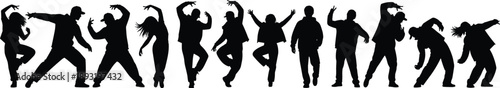 Group of dancing people silhouettes performing energetic dance moves, diverse dancers in various poses, vector illustration of movement and celebration scene