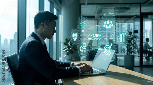Business change management strategy with icons for innovation and growth