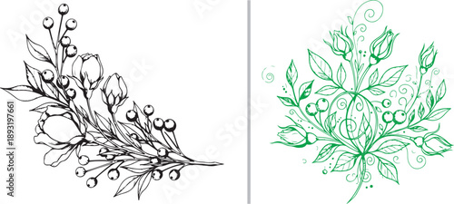 Hand-drawn botanical vector featuring rose buds, berries, and swirling vines in black ink and green line art. Ideal for elegant wedding stationery and natural decorative designs.