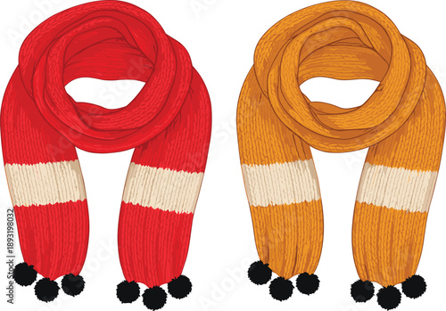 Colorful knitted winter scarves illustration featuring red and mustard yellow warm accessories with pom poms isolated on white background for fashion design