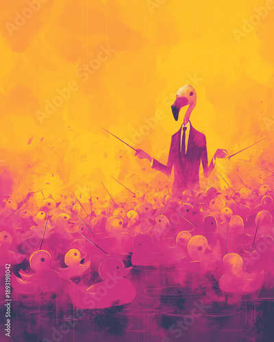 Surreal illustration of flamingo in business suit conducting orchestra of rubber ducks with conductor batons, vibrant pink yellow gradient background, whimsical humor