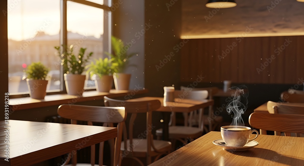 Fototapeta premium Cozy wooden interior of a modern coffee shop at sunset with a steaming cup on the table. Concept of peaceful morning, cafe culture, hygge lifestyle, and relaxing urban atmosphere.