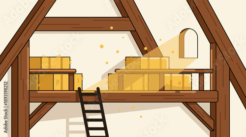 Barn loft with stacked boxes and wooden ladder in minimal style  