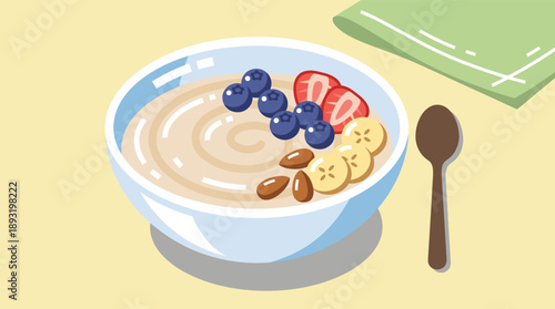 Oatmeal bowl topped with fruit and nuts on a yellow background  
