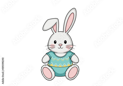 Cute cartoon bunny wearing a blue sweater sitting on white background  