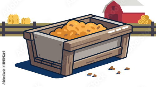 Wooden feeding trough for pigs filled with hay on a farm  