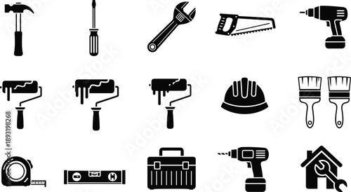 Construction and home improvement tool icons set including hammer drill wrench paint roller toolbox safety helmet, black silhouette vector illustration isolated on white background