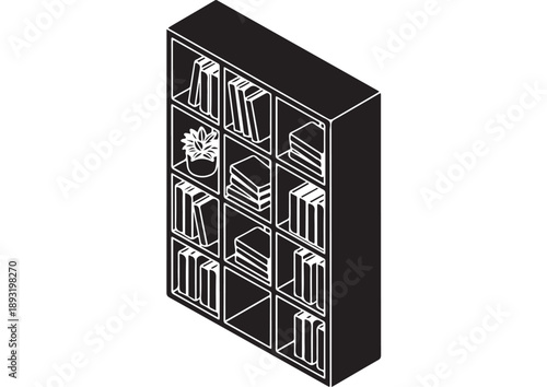 Isometric Bookshelf with Books and Plant.