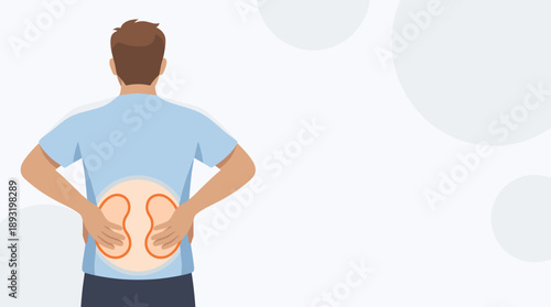 Man experiencing kidney pain with hands on lower back illustration  