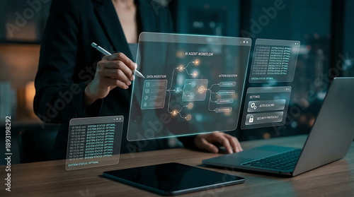 Businesswoman reviewing an AI agent workflow on a futuristic interface, showing data ingestion, action execution, and settings, representing advanced system management.