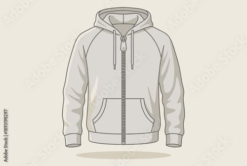 Minimalist grey zip-up hoodie illustration on neutral background  