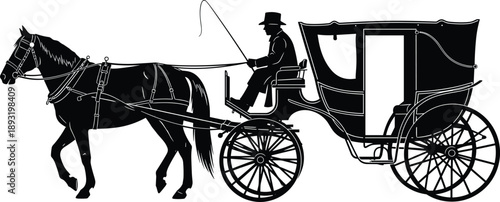 Horse carriage silhouette illustration, vintage coach with driver, classic transportation artwork, historical wagon design, elegant horse-drawn vehicle for creative projects