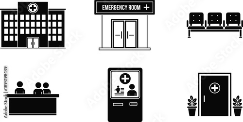 Hospital building and emergency room icons with medical reception, waiting area, clinic door, healthcare kiosk illustration for modern medical facility design