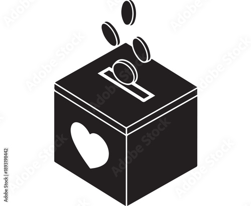 Isometric charity donation box with falling coins and heart symbol.