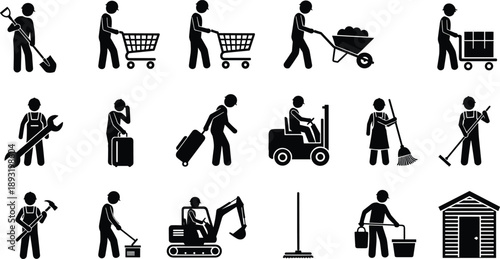 Labor worker icon set showing construction, cleaning, shopping, loading, forklift driving, gardening, and manual labor activities in silhouette style