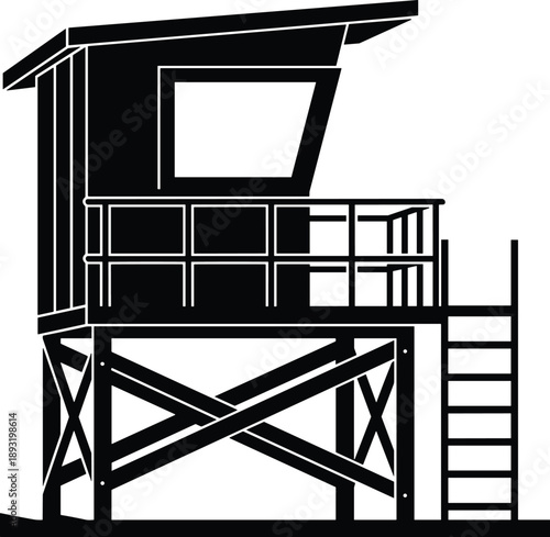 Lifeguard tower silhouette with raised platform, ladder and railing, coastal beach safety lookout structure illustration isolated on white background