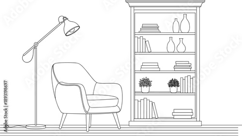 Minimalist reading corner interior illustration with modern armchair, floor lamp, bookshelf, books, potted plants, clean lines, cozy home decor design