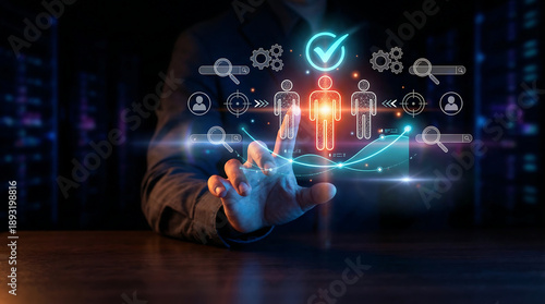 Fotografija Business man touching virtual screen for human resource management, quality people selection, and digital recruitment process with glowing data