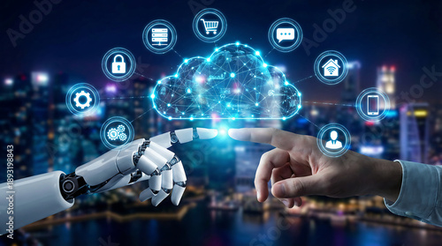 Robotic hand and human hand touching, depicting the convergence of AI and cloud computing, surrounded by a luminous network of digital service icons in a modern cityscape.