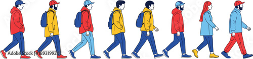 Flat Vector Illustration of Diverse People Walking in a Row Wearing Colorful Winter Jackets Hoodies and Backpacks Isolated on a White Background for Urban Lifestyle Design