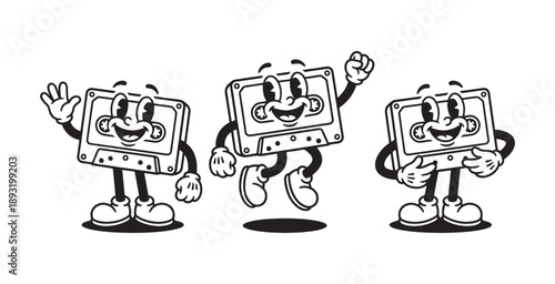 Retro Cartoon Cassette Tape Characters Mascot Vector Set