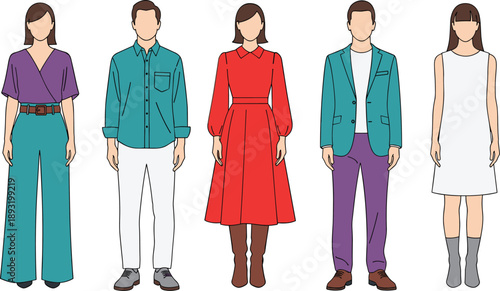 Flat Vector Illustration of Diverse People Wearing Modern Smart Casual Outfits Including Dresses Jackets and Trousers for Fashion Retail Design and Commercial Marketing Use