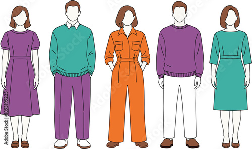 Flat Vector Illustration of Diverse People Wearing Modern Colorful Casual Outfits Including Dresses Sweaters Jumpsuit and Trousers for Fashion Design and Lifestyle Content