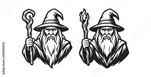 Wizard Character with Staff and Magic Fire Vector Illustration
