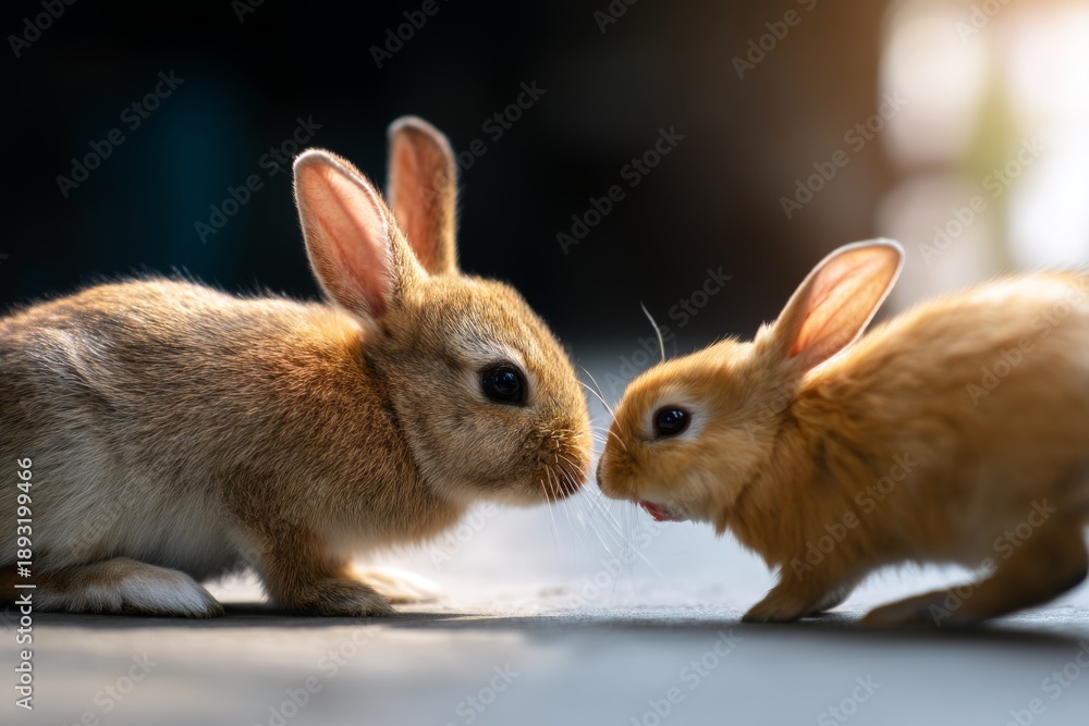 Fototapeta premium Two Cute Rabbits Interacting in a Gentle Moment of Curiosity and Playfulness