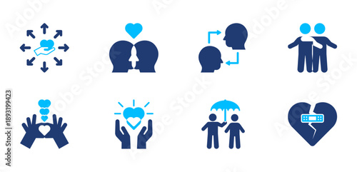 Empathy icon set. care, compassion, support, understanding, kindness. solid style icon collection