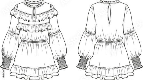 Elegant ruffled long sleeve dress technical fashion illustration front and back view isolated outline vector for apparel design reference