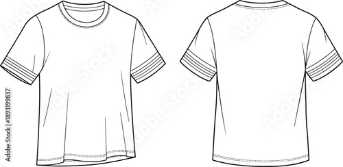 Minimal blank t shirt front and back view technical flat vector illustration for fashion mockup apparel design template use