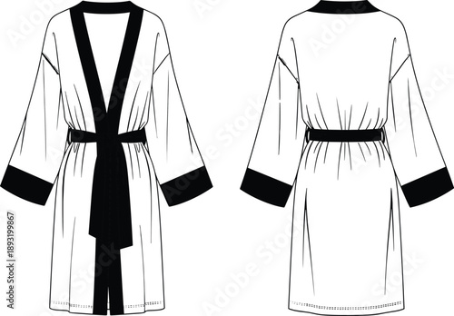 Elegant kimono style robe technical fashion illustration front and back view minimal line art vector clothing design template