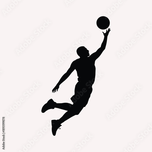 Basketball player jumping to dunk ball silhouette black white vector illustration isolated on white background.