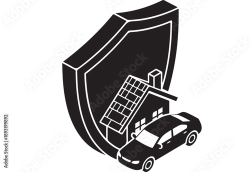 Isometric Home and Car Protection Shield Icon.