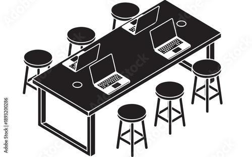 Isometric illustration of a modern coworking space with laptops and stools.