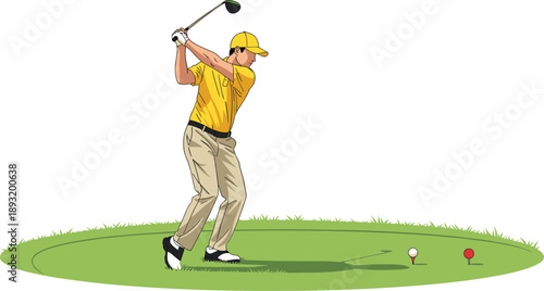 Professional golfer swinging driver on green golf course tee box isolated on white background vector illustration for sports training, tournament promotion, fitness lifestyle design