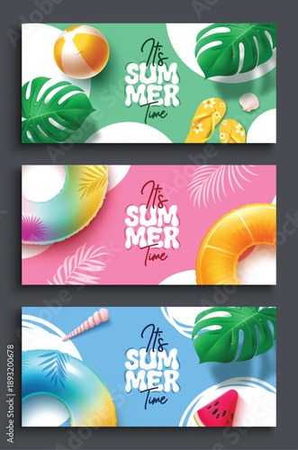 Summer Time text clipart banner set. It's Summer Time greeting card clip art collection with Summer elements in colorful abstract background for tropical season banner template vector illustration.
