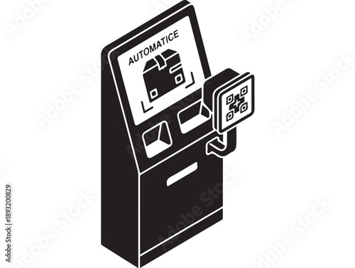 Isometric illustration of an automated parcel locker with a QR code scanner.