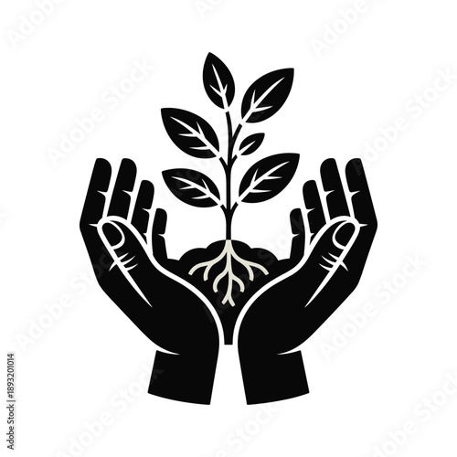 Black and white of hands cradling a plant leaves roots vector illustration isolated on white background.