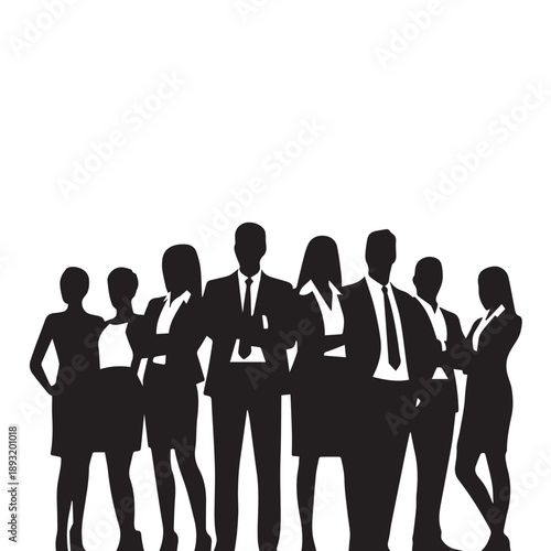 Business people , silhouettes, group of standing business men and businesswomen	
